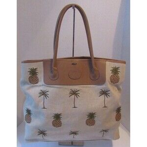Scala Collezione Tote Bag Handcrafted Leather Canvas Palm Trees Shoulder Bag